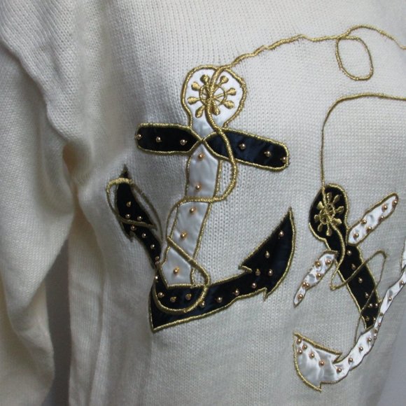 Amoda Vintage Nautical embroidered beaded Anchor Sweater Size Sz X Large XL - Picture 3 of 14